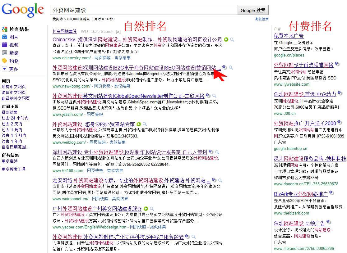 新龙“外贸网站建设”关键词位居Google自然排名首页第二位