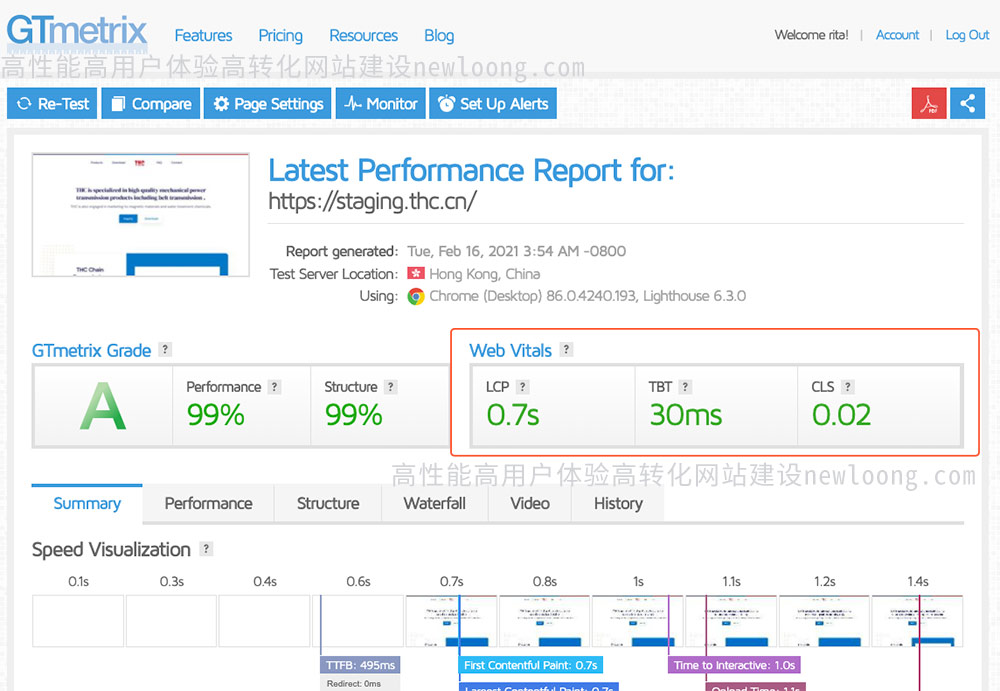 新龙建站Core Web Vitals评测优秀