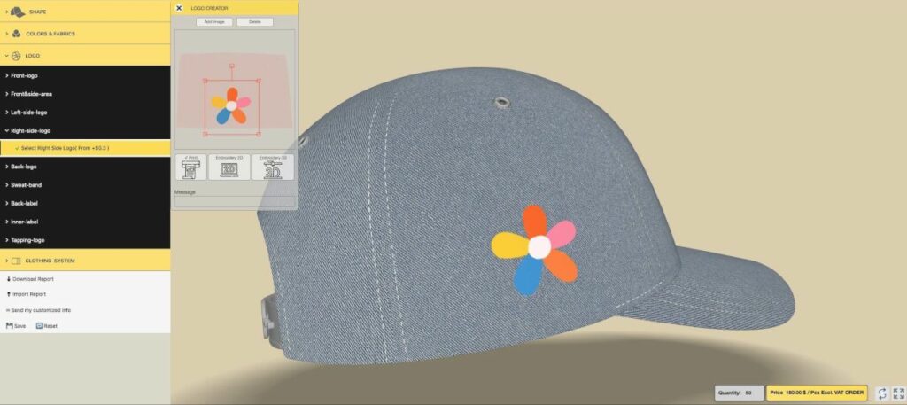 3D产品配置器|电商产品3D棒球帽在线定制购物车网站功能介绍