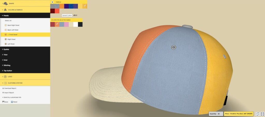 3D产品配置器|电商产品3D棒球帽在线定制购物车网站功能介绍