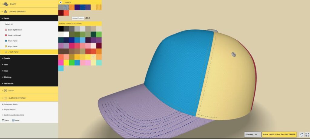 3D产品配置器|电商产品3D棒球帽在线定制购物车网站功能介绍